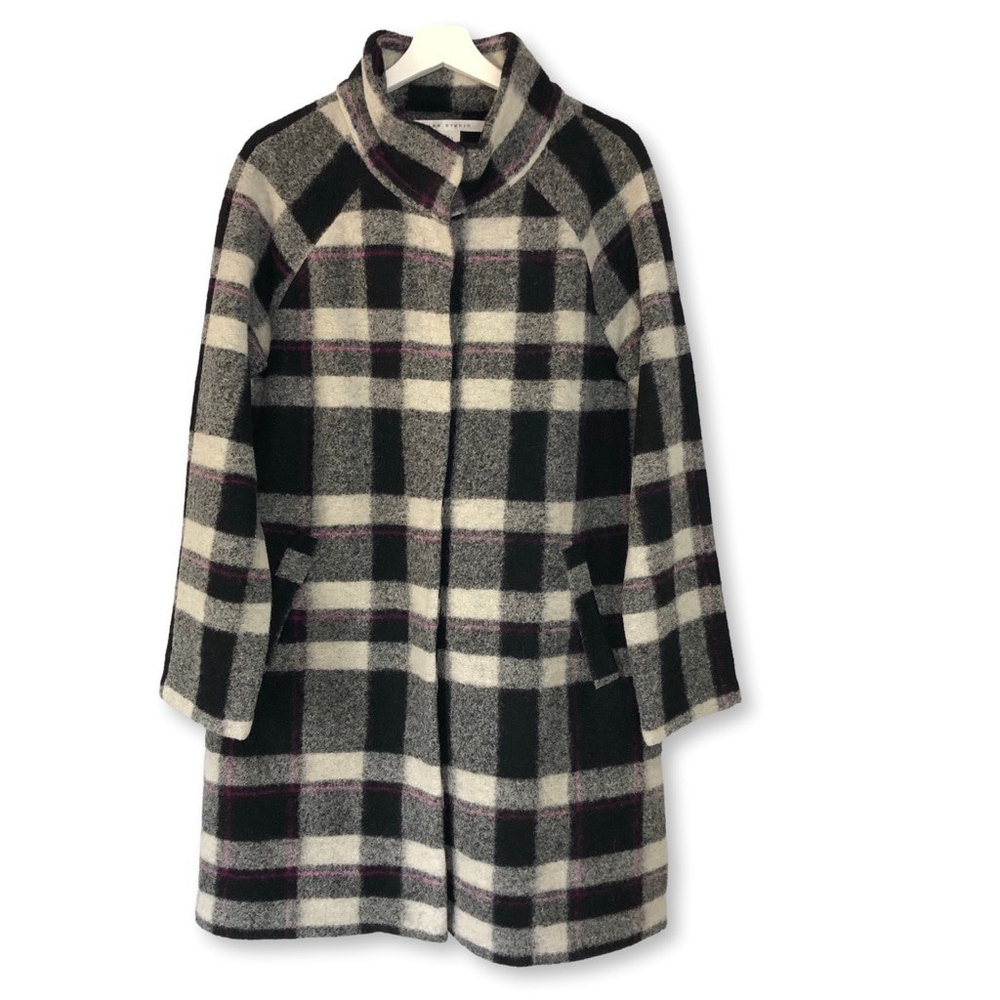 Max Studio Plaid Coat Black White Pink Large